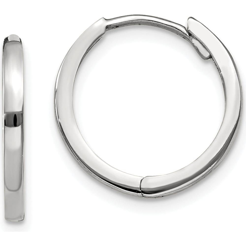 14K White Gold Round Hinged Hoop Earrings with Rhodium Plating - 11mm Length by 0