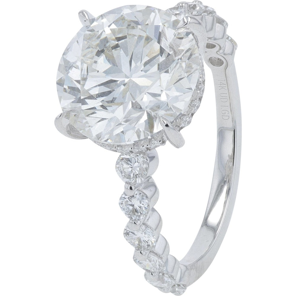 14K White Gold Round Lab-Grown Diamond Engagement Ring with Shared-Prong Band and Hidden Halo - 5.75 Carat Total Diamond Weight