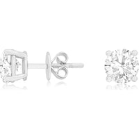 14K White Gold Round Lab Grown Diamond Stud Earrings with Four-Prong Setting - 2.00 Carat Total Diamond Weight - Royal Jewelry