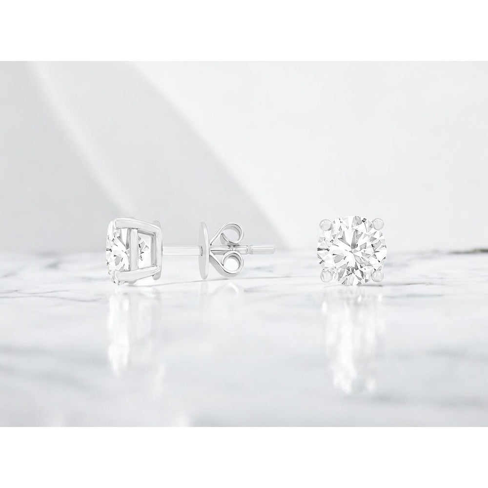 14K White Gold Round Lab Grown Diamond Stud Earrings with Four-Prong Setting - 2.00 Carat Total Diamond Weight - Royal Jewelry