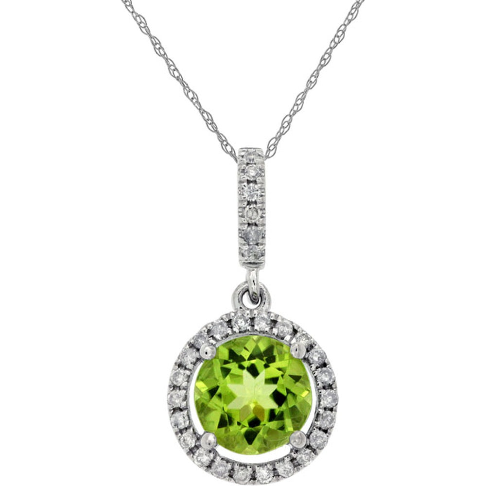 14K White Gold Round Peridot and Diamond Halo Pendant Necklace - 0.95 Carat Peridot and 0.11 Carat Diamond Total Weight - Royal Jewelry
