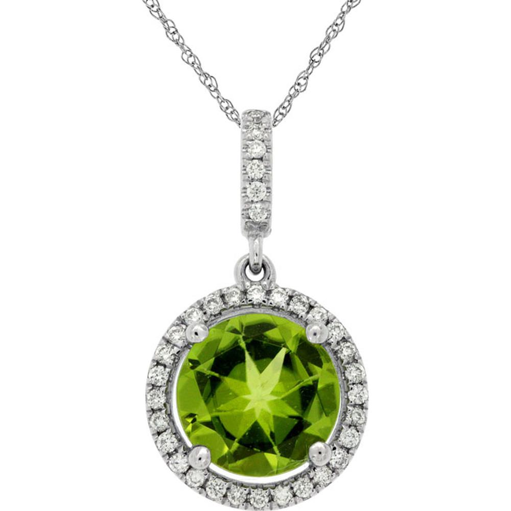 14K White Gold Round Peridot and Diamond Halo Pendant Necklace with 2.00 Carat Peridot and 0.13 Carat Total Diamond Weight - Royal Jewelry