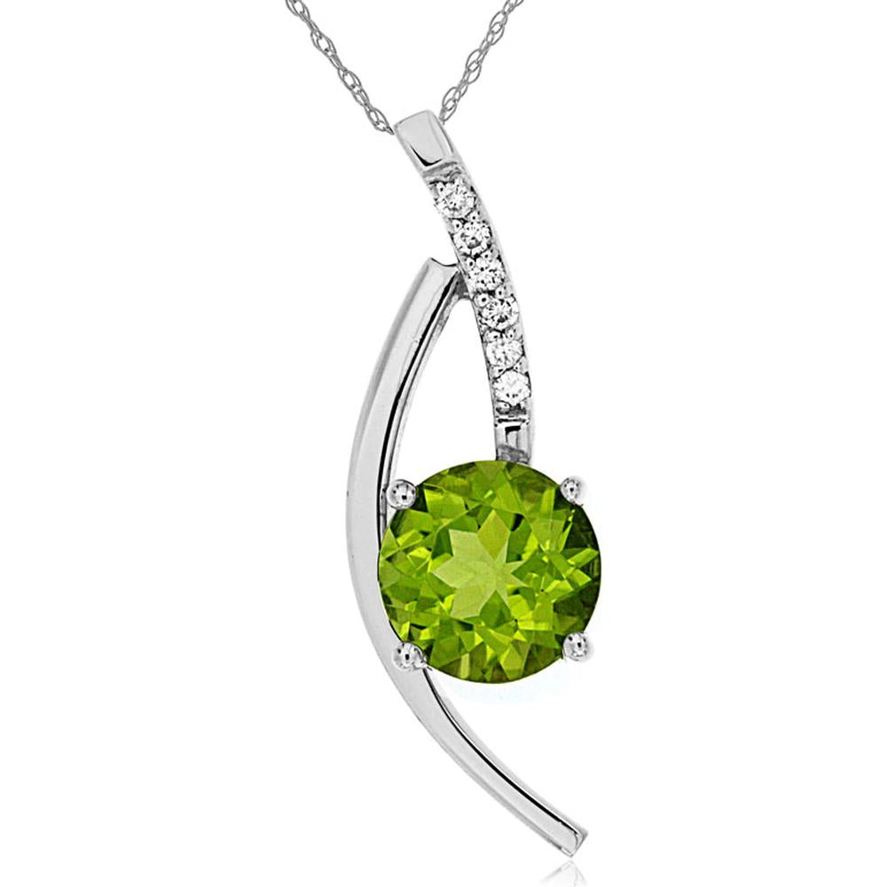 14K White Gold Round Peridot Pendant with Diamond Accent - 1.50 Carat Peridot and 0.05 Carat Total Diamond Weight - Royal Jewelry