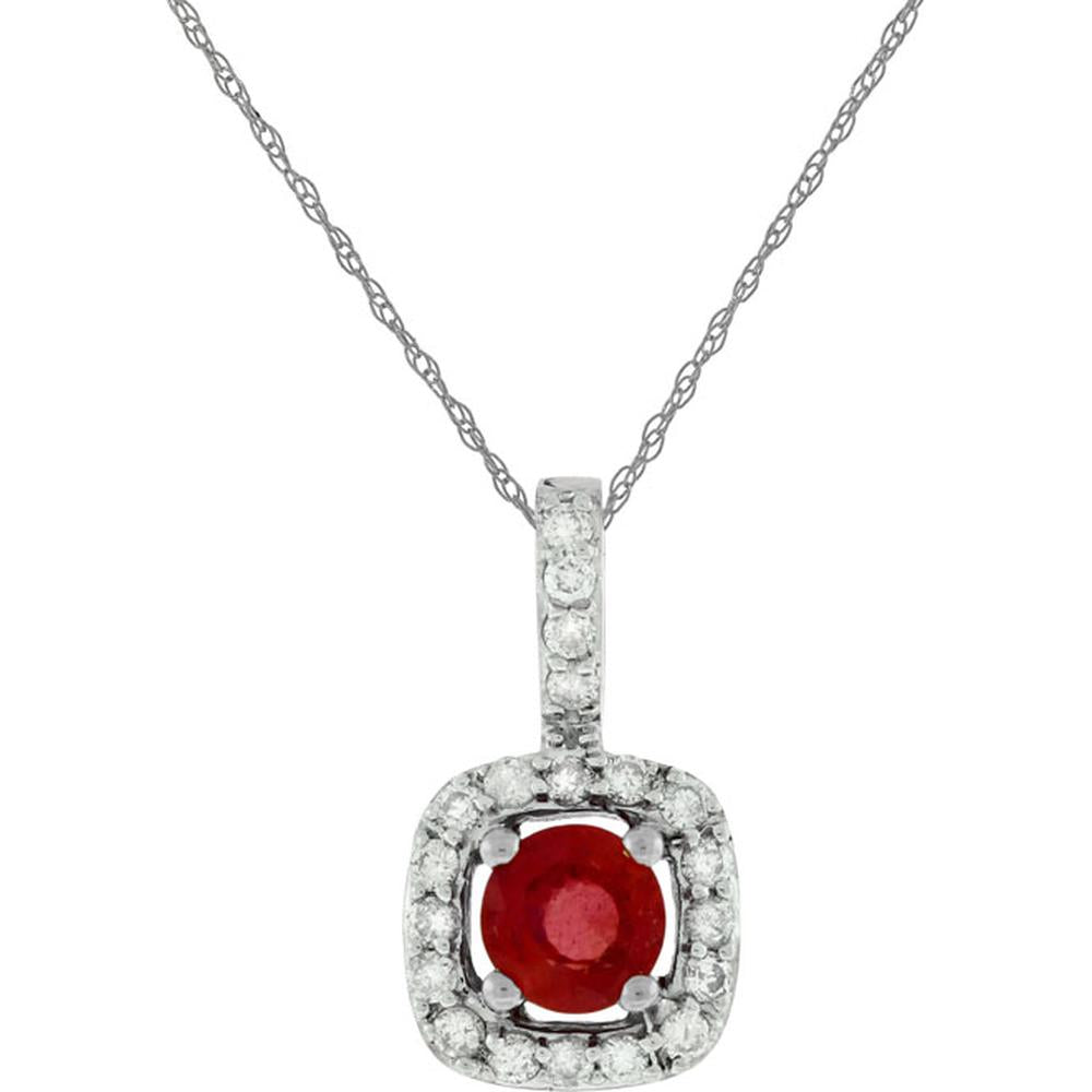 14K White Gold Round Ruby and Diamond Halo Pendant Necklace with 0.35 Carat Ruby and 0.14 Carat Total Diamond Weight - Royal Jewelry
