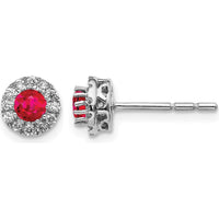 14K White Gold Round Ruby and Diamond Halo Post Earrings - 0.20 Carat Total Ruby Weight, 0.02 Carat Total Diamond Weight by Monteluci Fine Jewelry