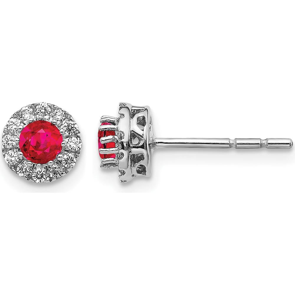 14K White Gold Round Ruby and Diamond Halo Post Earrings - 0.20 Carat Total Ruby Weight, 0.02 Carat Total Diamond Weight by Monteluci Fine Jewelry