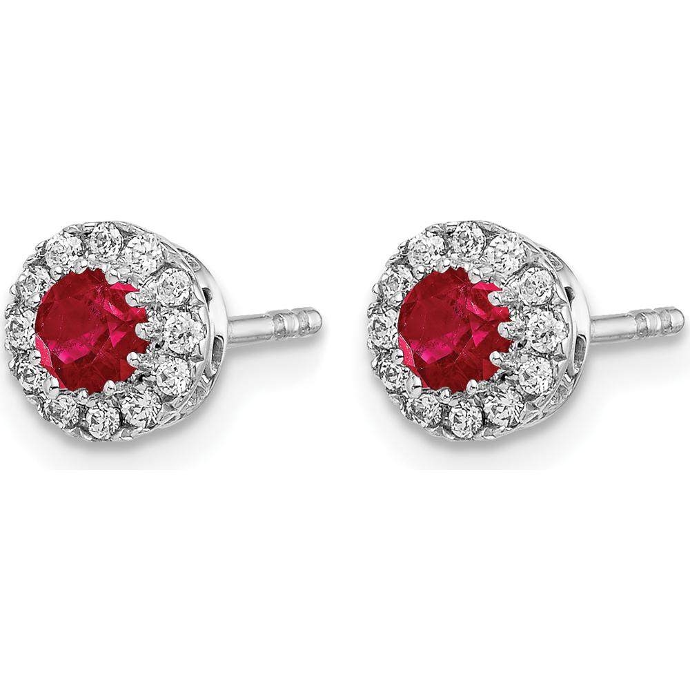 14K White Gold Round Ruby and Diamond Halo Post Earrings - 0.20 Carat Total Ruby Weight, 0.02 Carat Total Diamond Weight by Monteluci Fine Jewelry