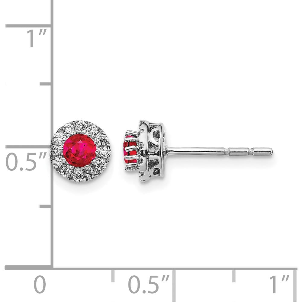 14K White Gold Round Ruby and Diamond Halo Post Earrings - 0.20 Carat Total Ruby Weight, 0.02 Carat Total Diamond Weight by Monteluci Fine Jewelry