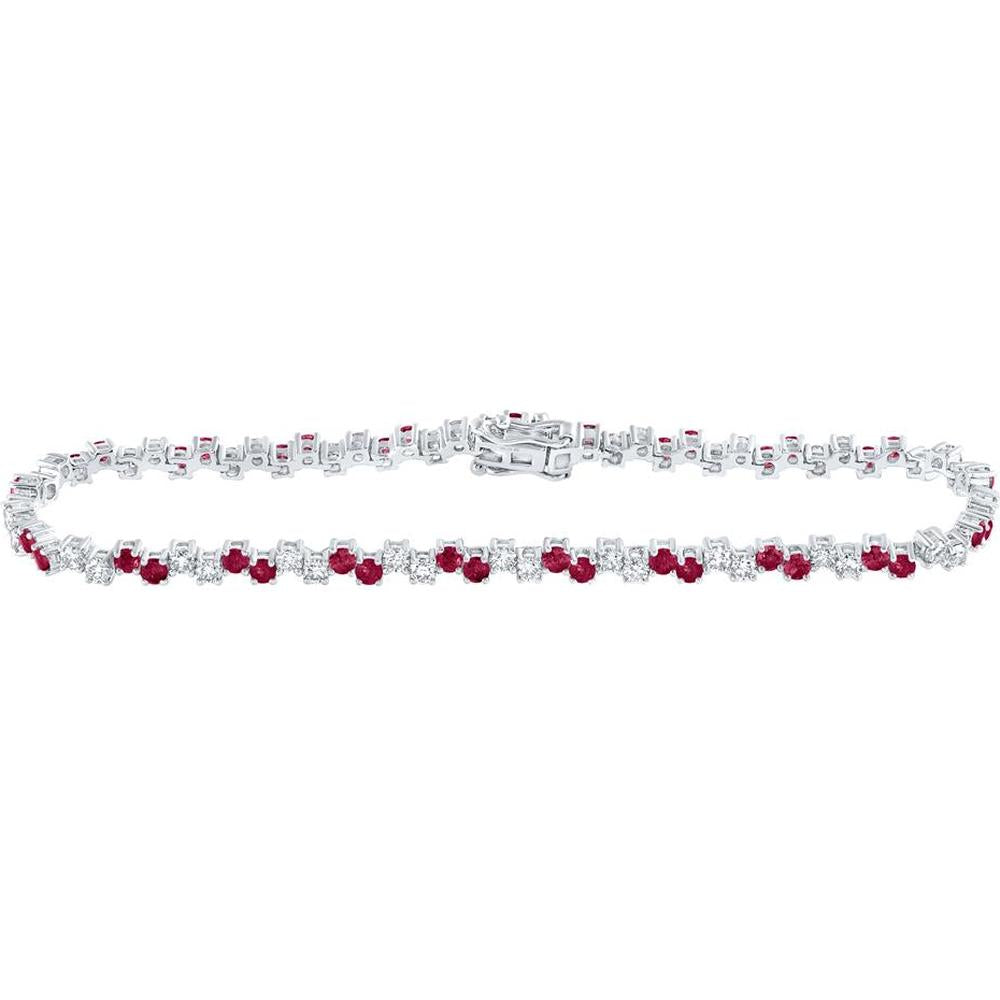 14K White Gold Round Ruby and Diamond Tennis Bracelet - 3.74 Carat Total Gem Weight