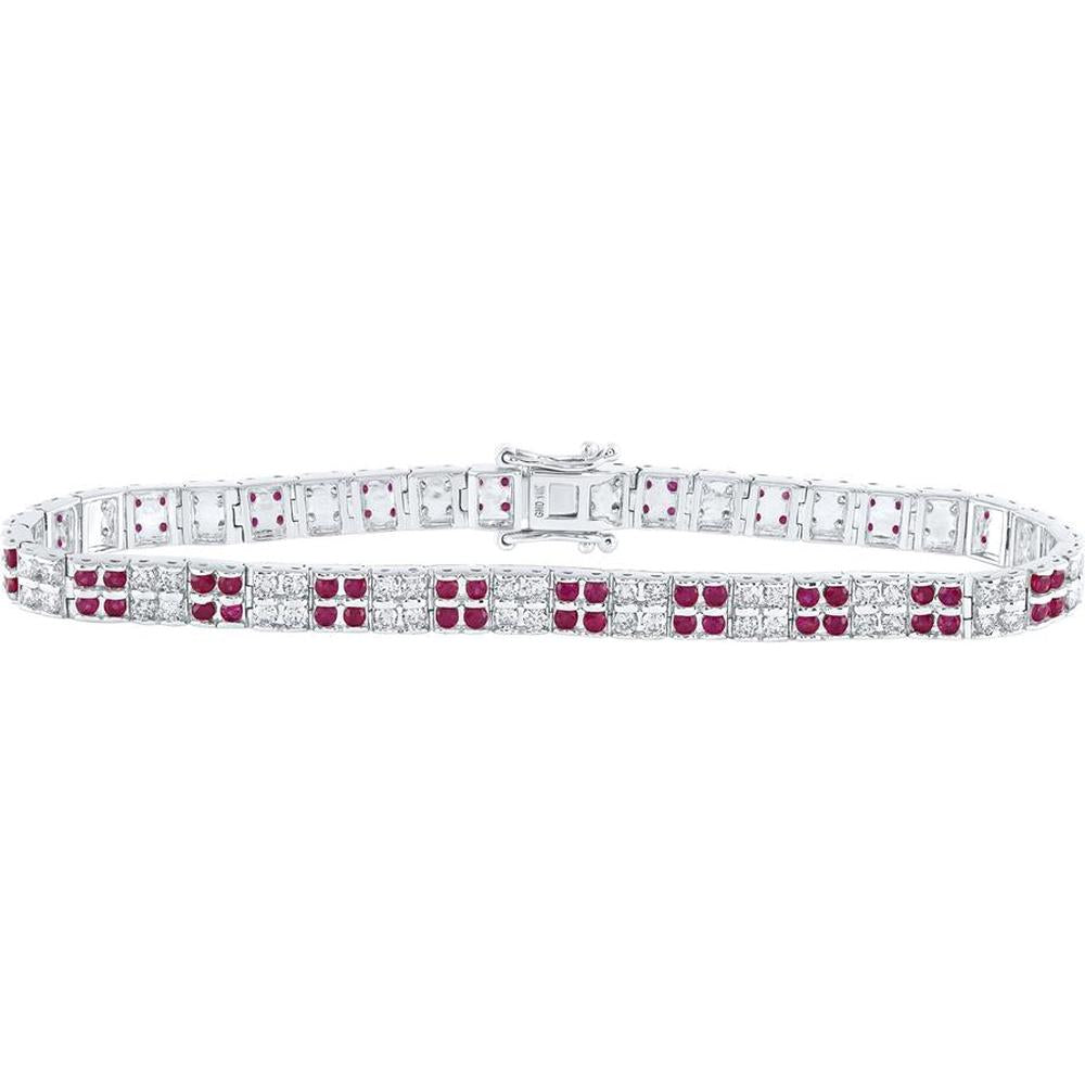 14K White Gold Round Ruby and Diamond Tennis Bracelet - 4.52 Carat Total Gemstone Weight