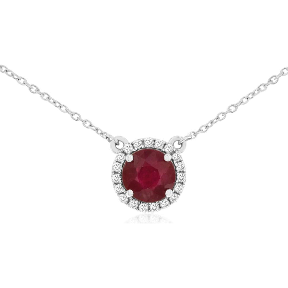 14K White Gold Round Ruby Halo Necklace with Round Diamonds - 0.96 Carat Ruby & 0.27 Carat Total Diamond Weight - Royal Jewelry