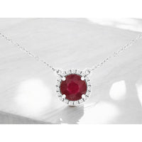 14K White Gold Round Ruby Halo Necklace with Round Diamonds - 0.96 Carat Ruby & 0.27 Carat Total Diamond Weight - Royal Jewelry