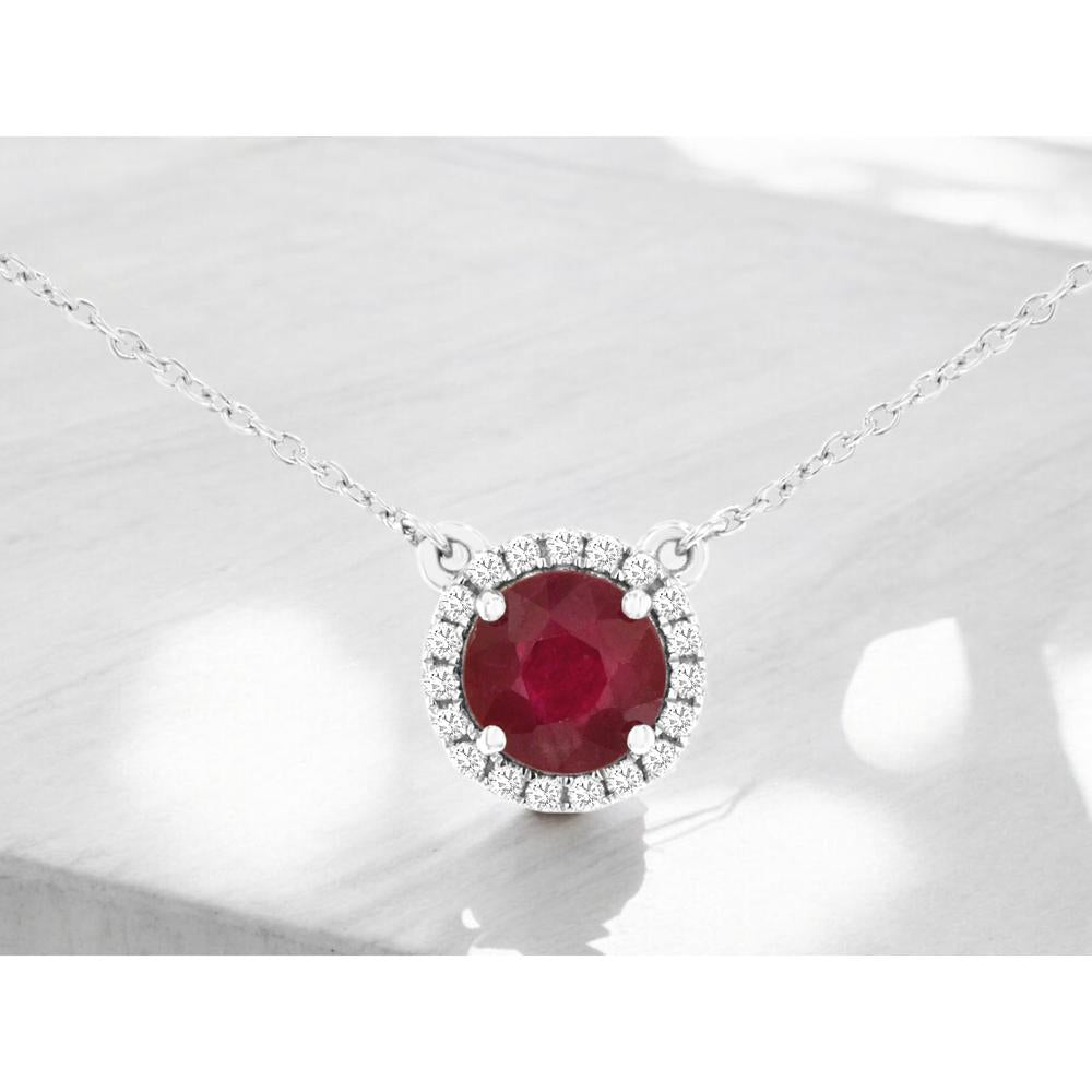 14K White Gold Round Ruby Halo Necklace with Round Diamonds - 0.96 Carat Ruby & 0.27 Carat Total Diamond Weight - Royal Jewelry