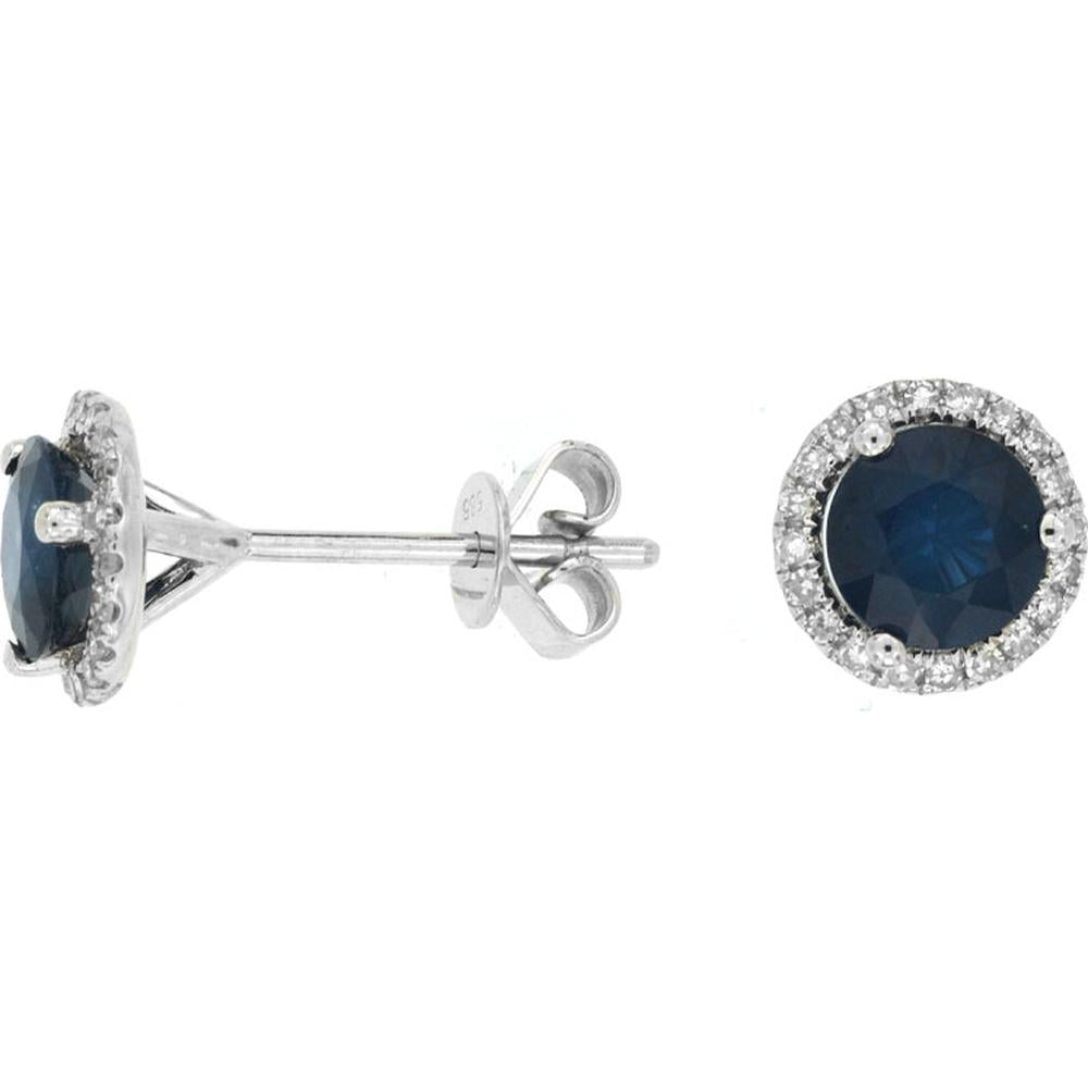 14K White Gold Round Sapphire and Diamond Accent Stud Earrings - 1.60 Carat Total Sapphire Weight, 0.16 Carat Total Diamond Weight - Royal Jewelry