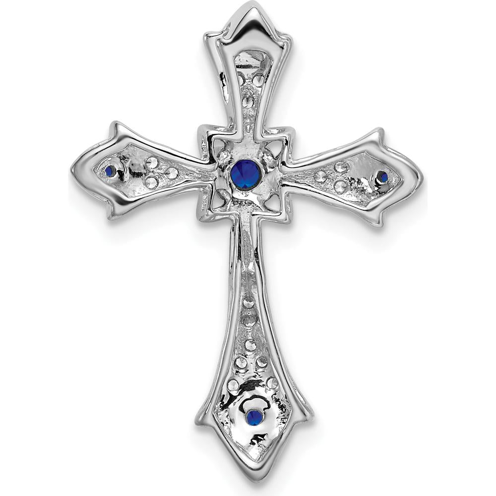 14K White Gold Round Sapphire and Diamond Fleur de Lis Cross Slide Pendant - 0.05 Carat Total Diamond Weight by Lumare Gioia