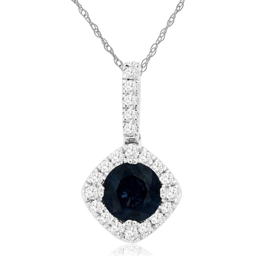 14K White Gold Round Sapphire and Diamond Halo Pendant Necklace - 0.55 Carat Sapphire and 0.16 Carat Total Diamond Weight - Royal Jewelry