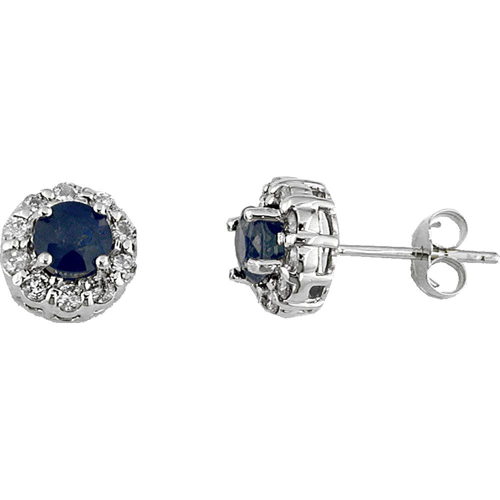 14K White Gold Round Sapphire and Diamond Halo Stud Earrings - 1.05 Carat Total Sapphire Weight, 0.40 Carat Total Diamond Weight - Royal Jewelry