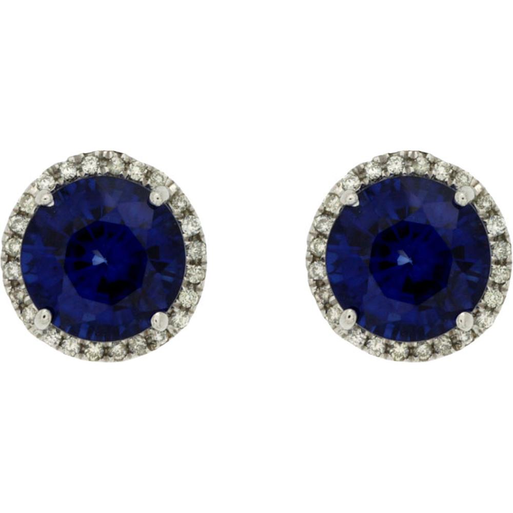 14K White Gold Round Sapphire and Diamond Halo Stud Earrings - 2.35 Total Carat Weight (2.20 Carat Sapphire, 0.15 Carat Diamond) - Royal Jewelry