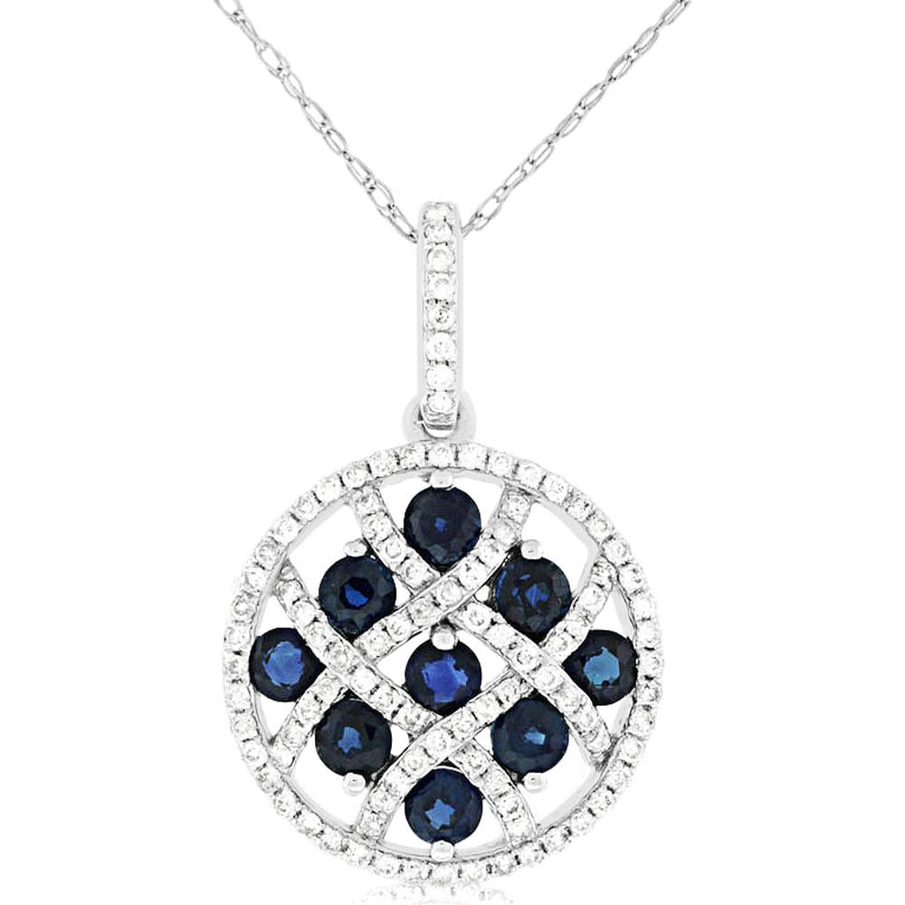 14K White Gold Round Sapphire and Diamond Openwork Pendant Necklace - 0.85 Carat Total Sapphire Weight and 0.30 Carat Total Diamond Weight - Royal Jewelry