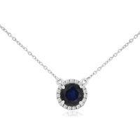 14K White Gold Round Sapphire Halo Pendant Necklace with 0.27 Carat Diamonds - 1.10 Carat Total Sapphire Weight - Royal Jewelry
