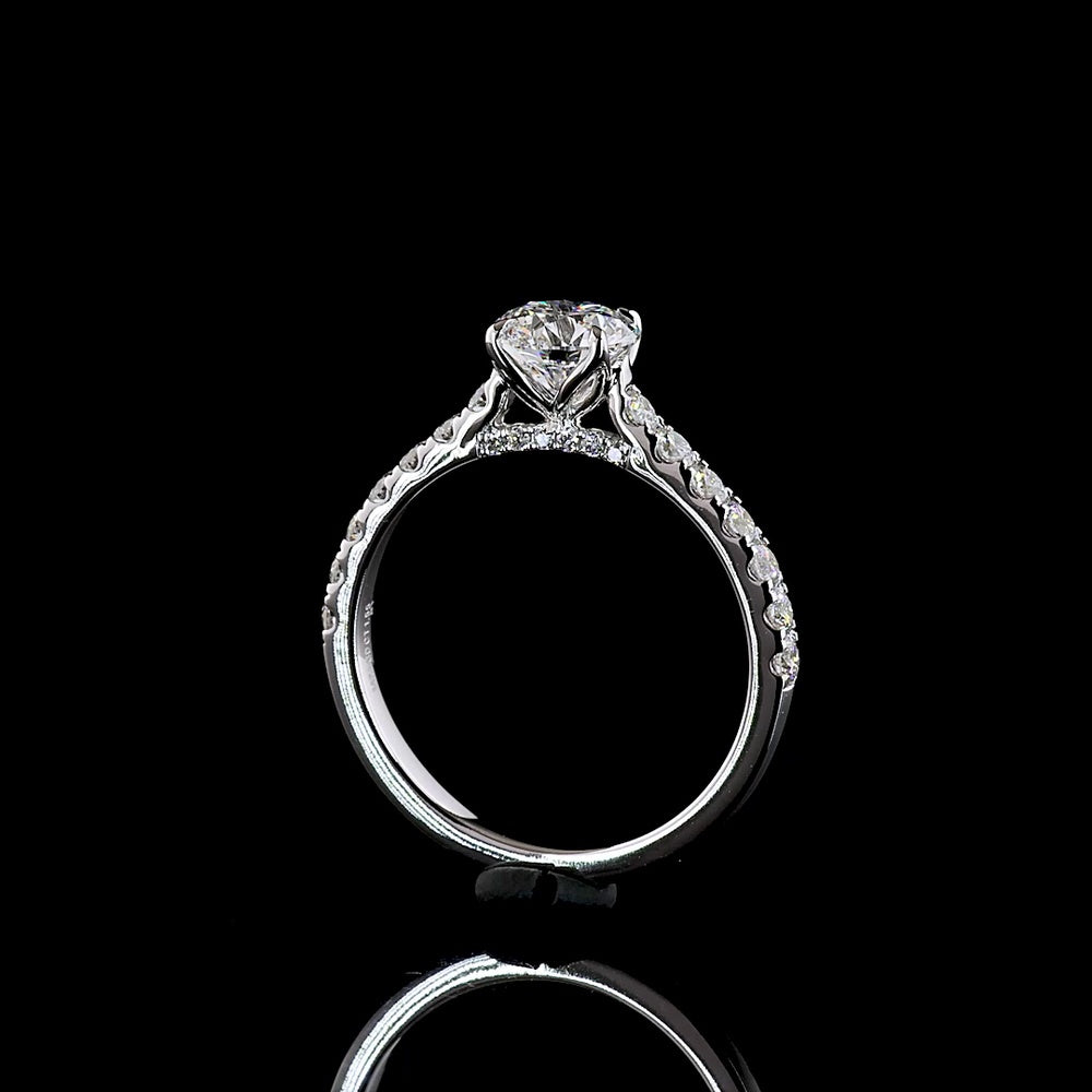 14K White Gold Round Solitaire Diamond Shank Ring with 1.02 Carat D VVS2 Center and 0.53 Carat Side Stones - IGI Certified 1.55 Carat Total Weight Lab Diamond - Covaloro Fine Jewelry