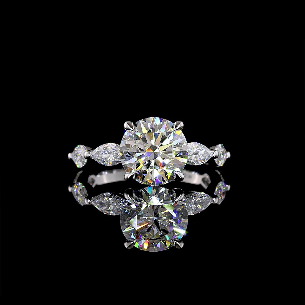 14K White Gold Round Solitaire Engagement Ring with Marquise and Round Diamond Accents - 3.28 Carat Total Weight (Lab Diamonds, E-F Color, VS1 Clarity) - Covaloro Fine Jewelry