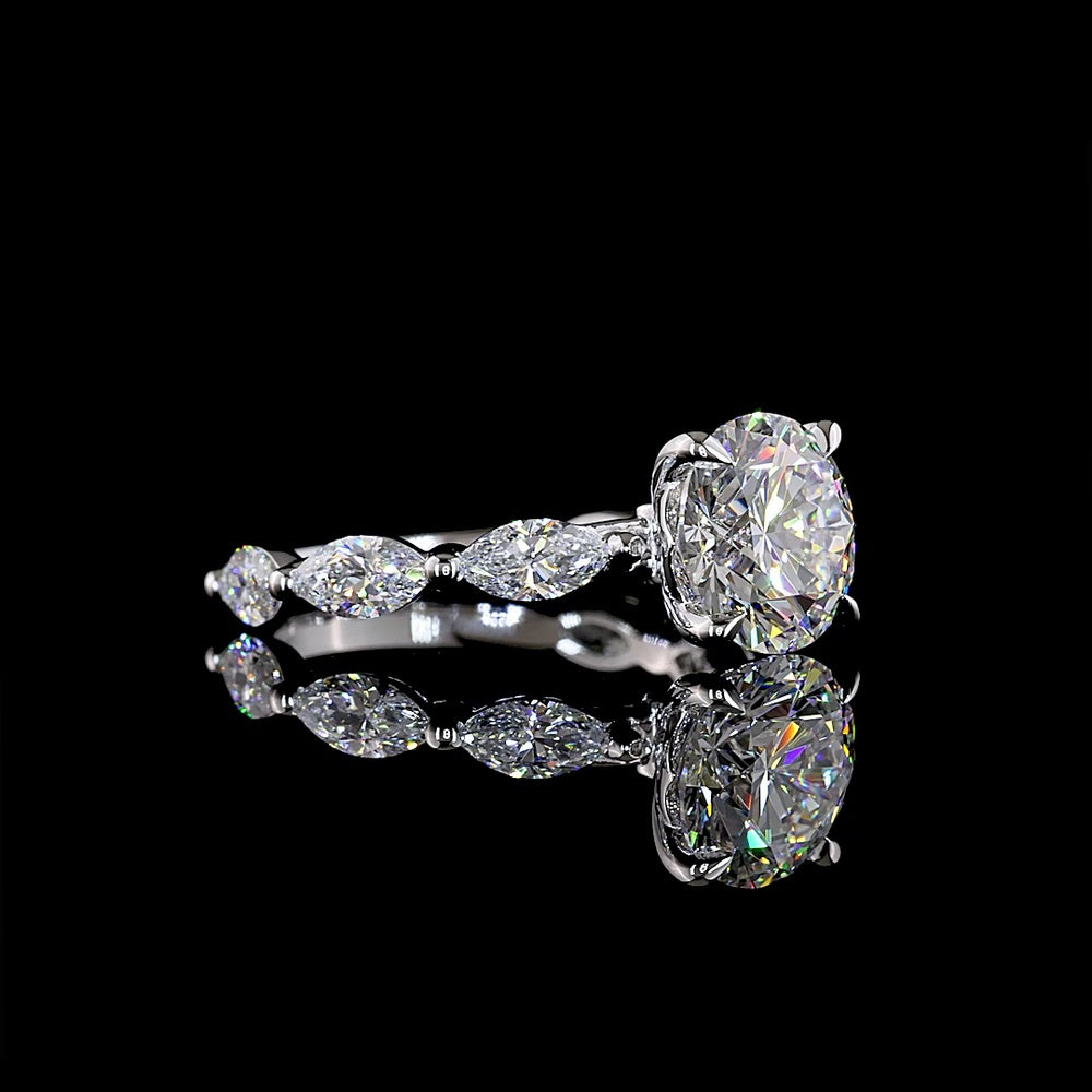 14K White Gold Round Solitaire Engagement Ring with Marquise and Round Diamond Accents - 3.28 Carat Total Weight (Lab Diamonds, E-F Color, VS1 Clarity) - Covaloro Fine Jewelry