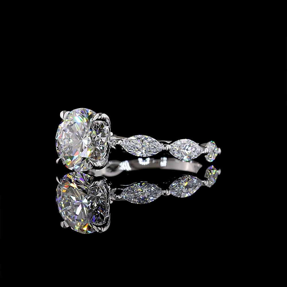 14K White Gold Round Solitaire Engagement Ring with Marquise and Round Diamond Accents - 3.28 Carat Total Weight (Lab Diamonds, E-F Color, VS1 Clarity) - Covaloro Fine Jewelry
