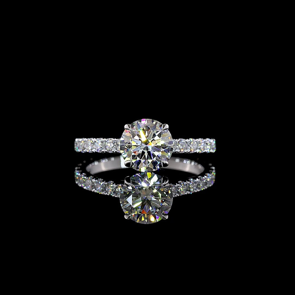 14K White Gold Round Solitaire Shank Ring with 1.50 Carat D VVS2 Brilliant Cut Lab Center Diamond and 0.71 Carat E VS1 Side Stones - 2.21 Carat Total Diamond Weight - Covaloro Fine Jewelry