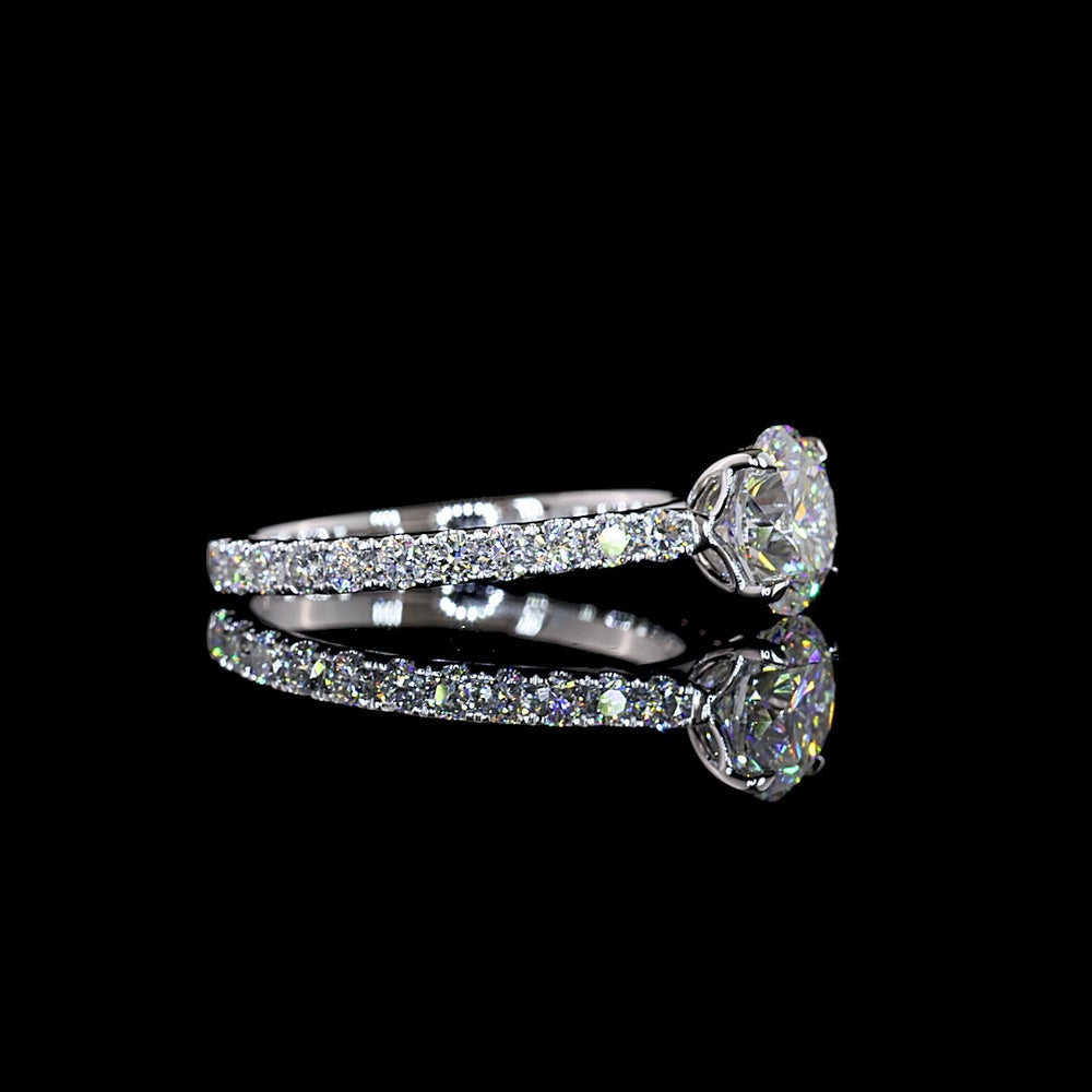 14K White Gold Round Solitaire Shank Ring with 1.50 Carat D VVS2 Brilliant Cut Lab Center Diamond and 0.71 Carat E VS1 Side Stones - 2.21 Carat Total Diamond Weight - Covaloro Fine Jewelry