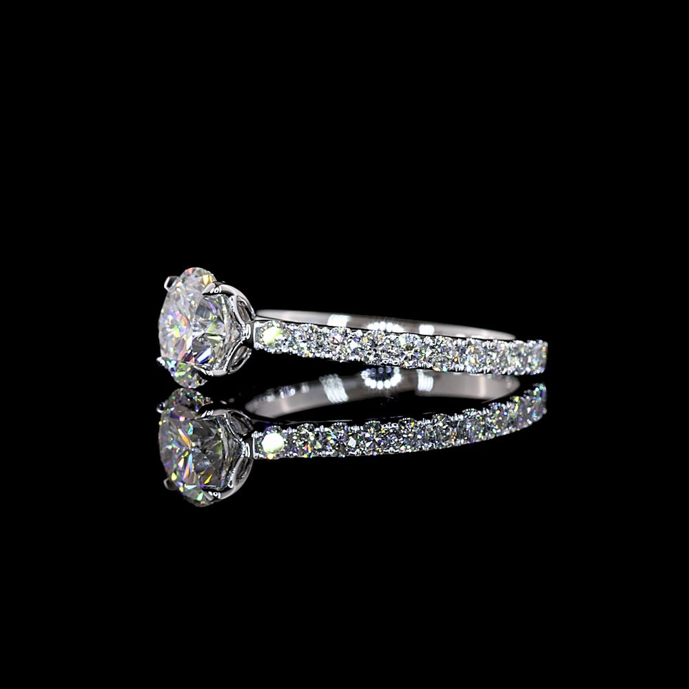14K White Gold Round Solitaire Shank Ring with 1.50 Carat D VVS2 Brilliant Cut Lab Center Diamond and 0.71 Carat E VS1 Side Stones - 2.21 Carat Total Diamond Weight - Covaloro Fine Jewelry