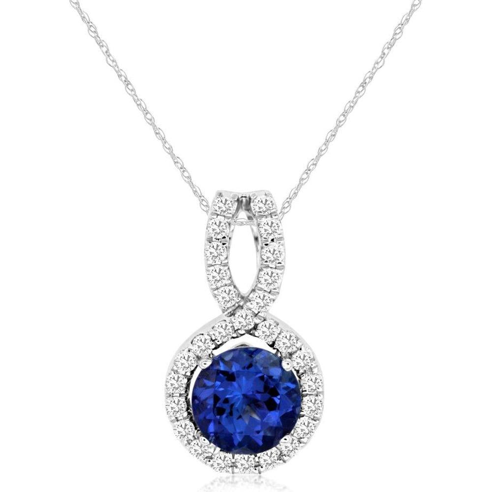 14K White Gold Round Tanzanite and Diamond Halo Pendant with 1 Carat Tanzanite and 0.20 Carat Total Diamond Weight - Royal Jewelry