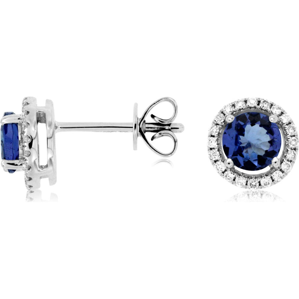 14K White Gold Round Tanzanite and Diamond Halo Stud Earrings - 1.00 Carat Total Tanzanite Weight and 0.15 Carat Total Diamond Weight - Royal Jewelry