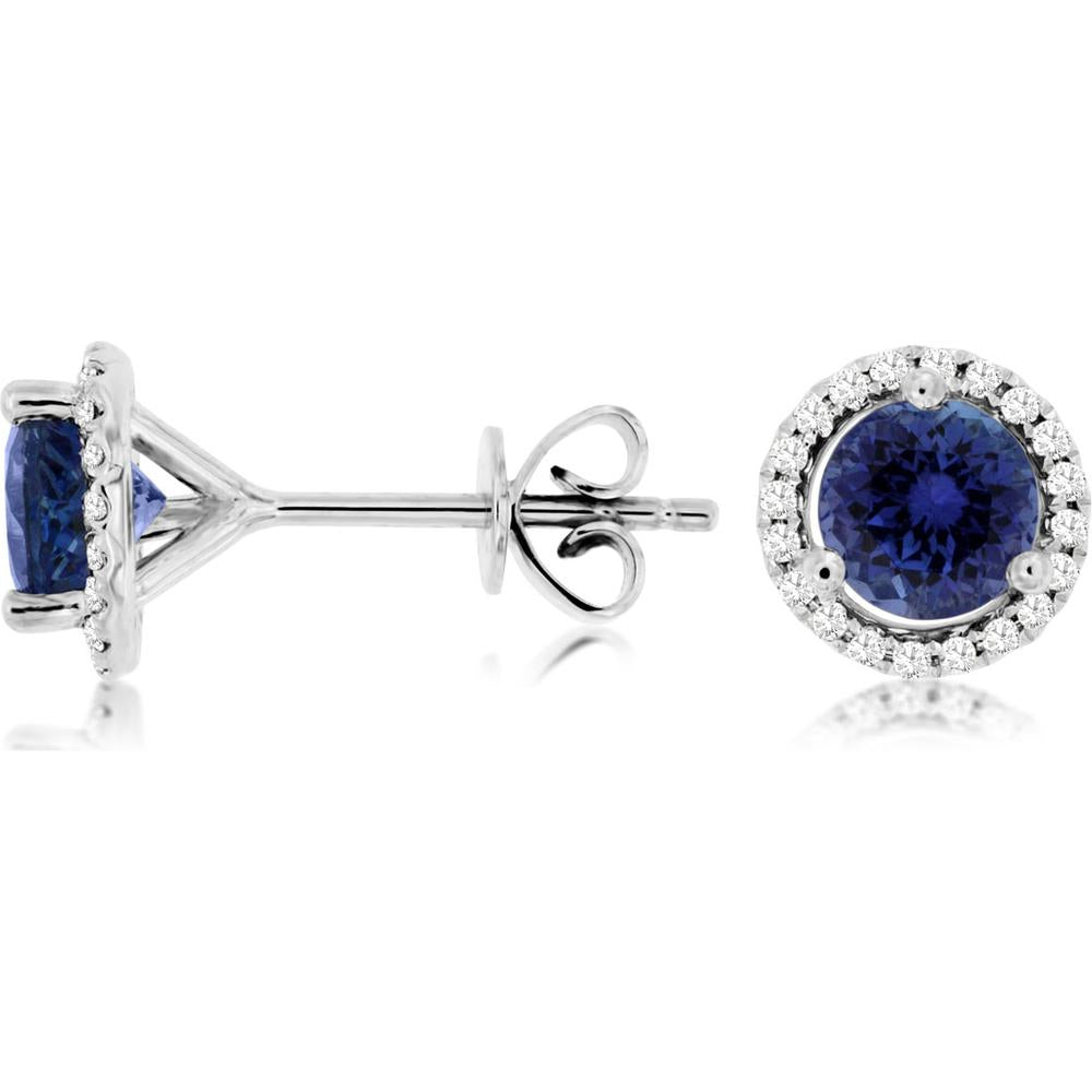 14K White Gold Round Tanzanite and Diamond Halo Stud Earrings - 1.20 Carat Total Tanzanite Weight - Royal Jewelry