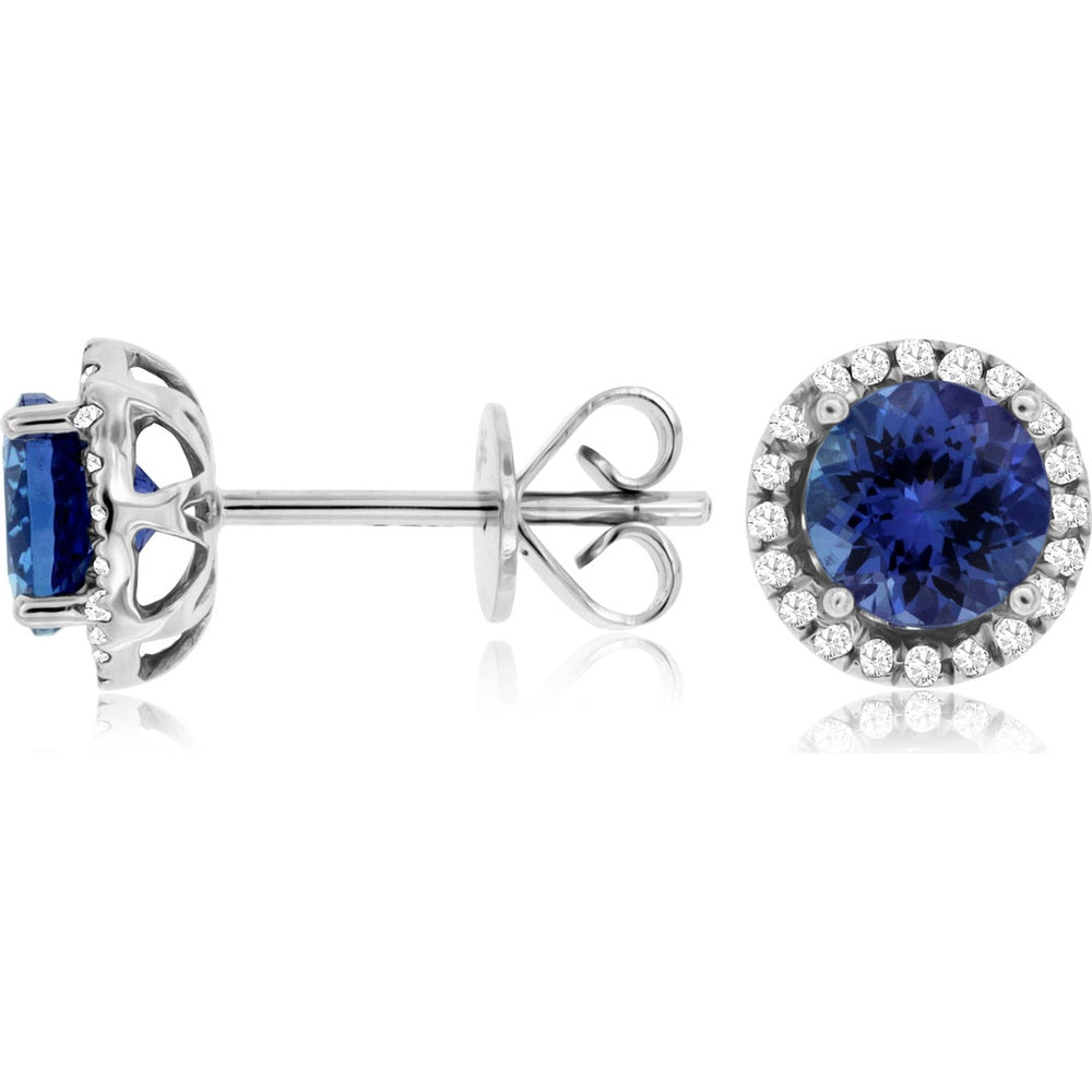 14K White Gold Round Tanzanite and Diamond Halo Stud Earrings - 2.00 Carat Total Tanzanite Weight and 0.16 Carat Total Diamond Weight - Royal Jewelry