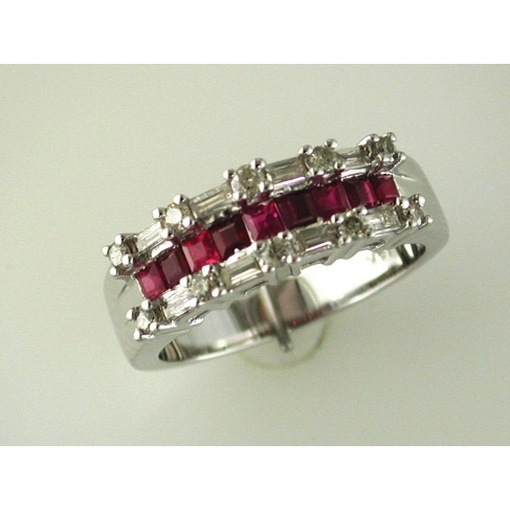 14K White Gold Ruby and Baguette Diamond Ring with Princess Cut Rubies - 0.65 Carat Ruby & 0.45 Carat Diamond Total Weight - Royal Jewelry