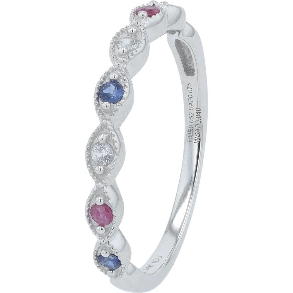 14K White Gold Ruby & Blue Sapphire Band with White Sapphire Accents - 0.13 Carat Total Gemstone Weight