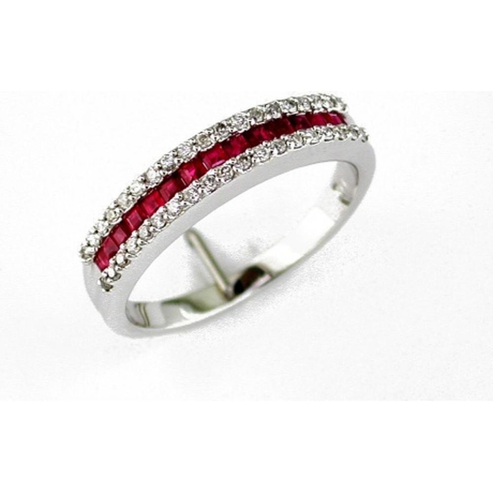 14K White Gold Ruby and Diamond Band with Princess Cut Rubies and Round Diamonds - 0.72 Carats Total Gem Weight