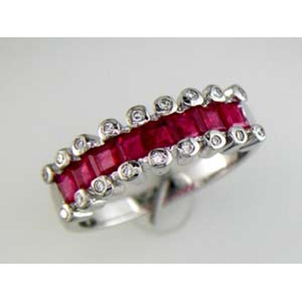 14K White Gold Ruby & Diamond Band with Princess Cut Rubies and Round Diamonds - 1.45 Carats Total Gem Weight