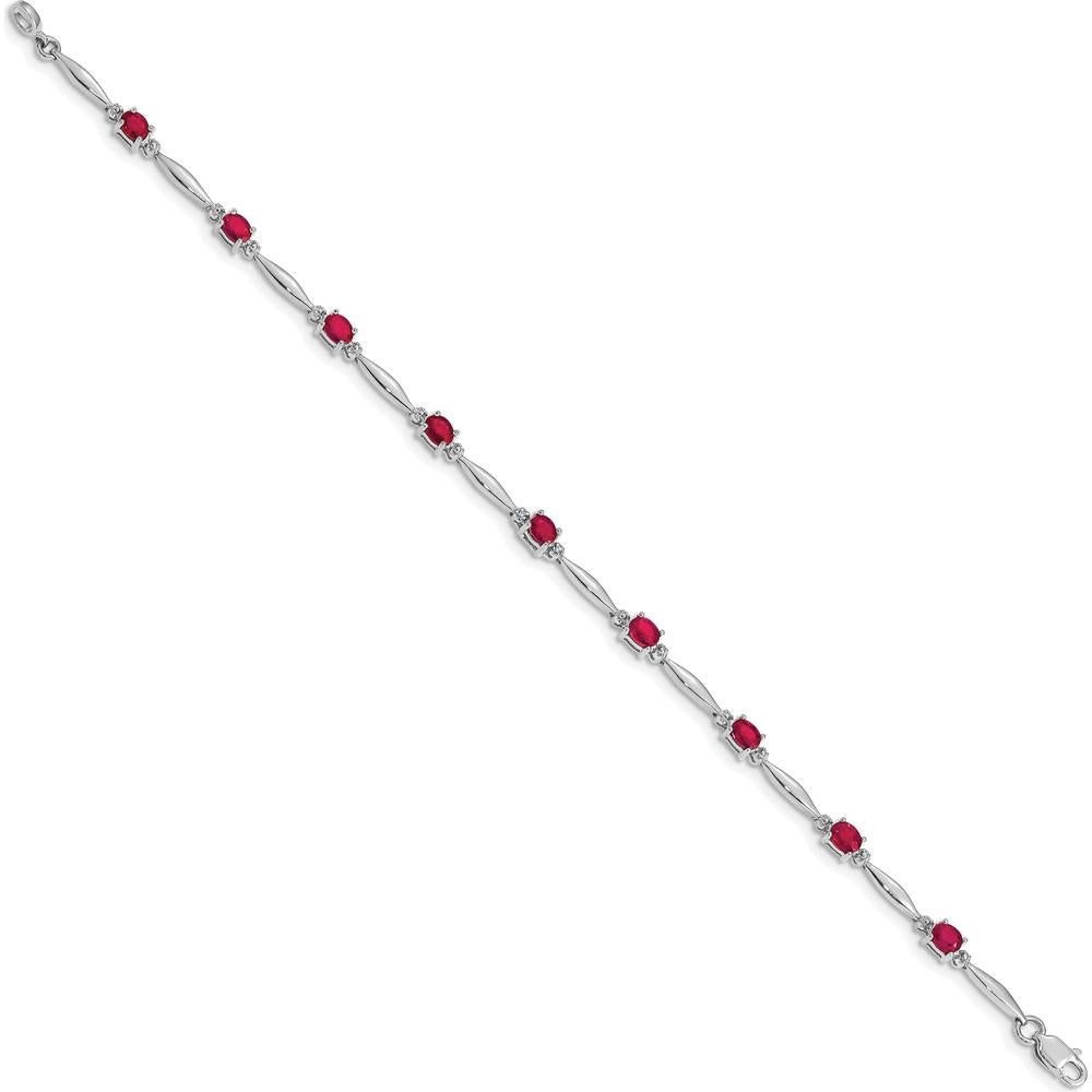 14K White Gold Ruby and Diamond Bracelet with Oval Rubies and Round Diamonds - 0.22 Carats Ruby Total Weight, 0.01 Carats Diamond Total Weight by Monteluci Fine Jewelry