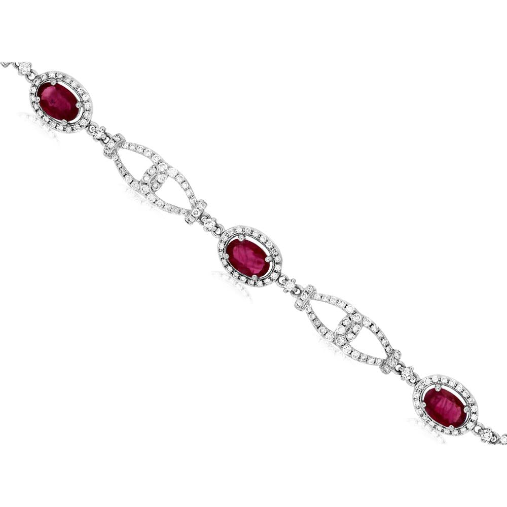 14K White Gold Ruby and Diamond Bracelet with Oval Ruby Stations and Diamond Halo Accents - 3.25 Carat Total Ruby Weight and 1.44 Carat Total Diamond Weight - Royal Jewelry