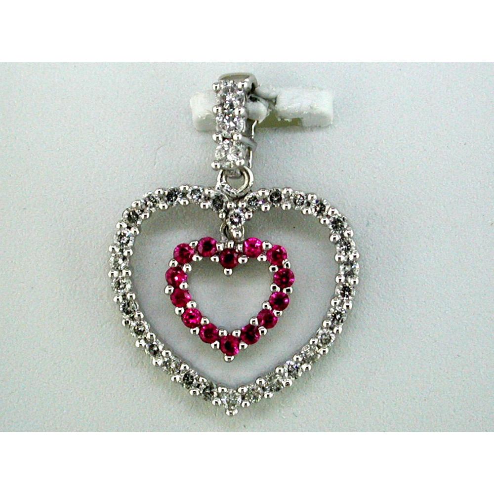 14K White Gold Ruby & Diamond Double Heart Pendant with Round Rubies 0.15 Carats and Round Diamonds 0.38 Carats Total Weight