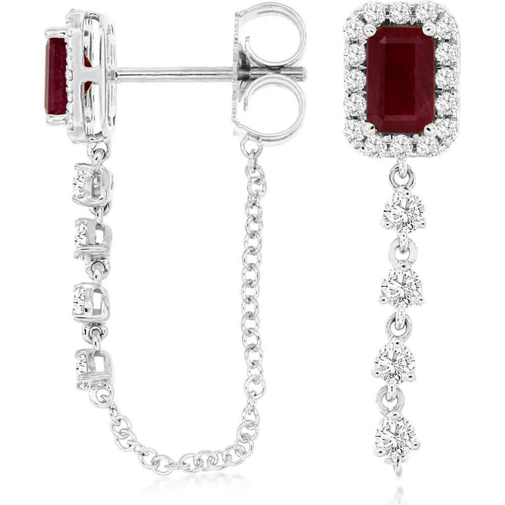 14K White Gold Ruby & Diamond Drop Earrings - 1.1 Carats Total Ruby Weight, 1.4 Carats Total Diamond Weight