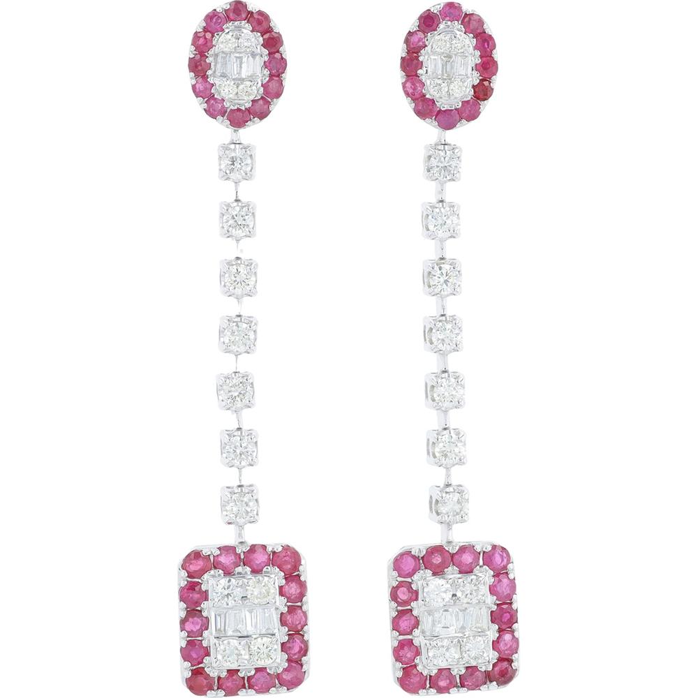 14K White Gold Ruby and Diamond Drop Earrings - 1.10 Carat Total Ruby Weight, 0.75 Carat Total Diamond Weight