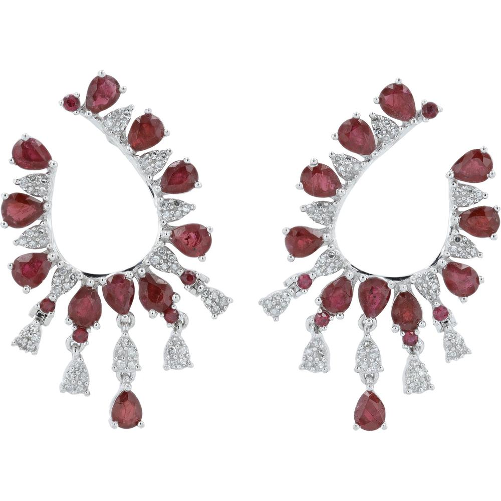 14K White Gold Ruby and Diamond Drop Earrings - 4.40 Carat Total Gemstone Weight, 0.50 Carat Total Diamond Weight
