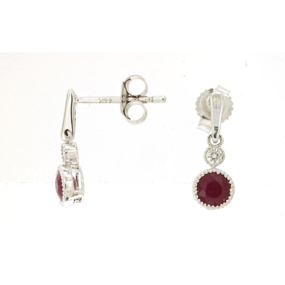 14K White Gold Ruby & Diamond Drop Earrings with Milgrain Detail - 0.65 Carat Total Ruby Weight, 0.06 Carat Total Diamond Weight - Royal Jewelry