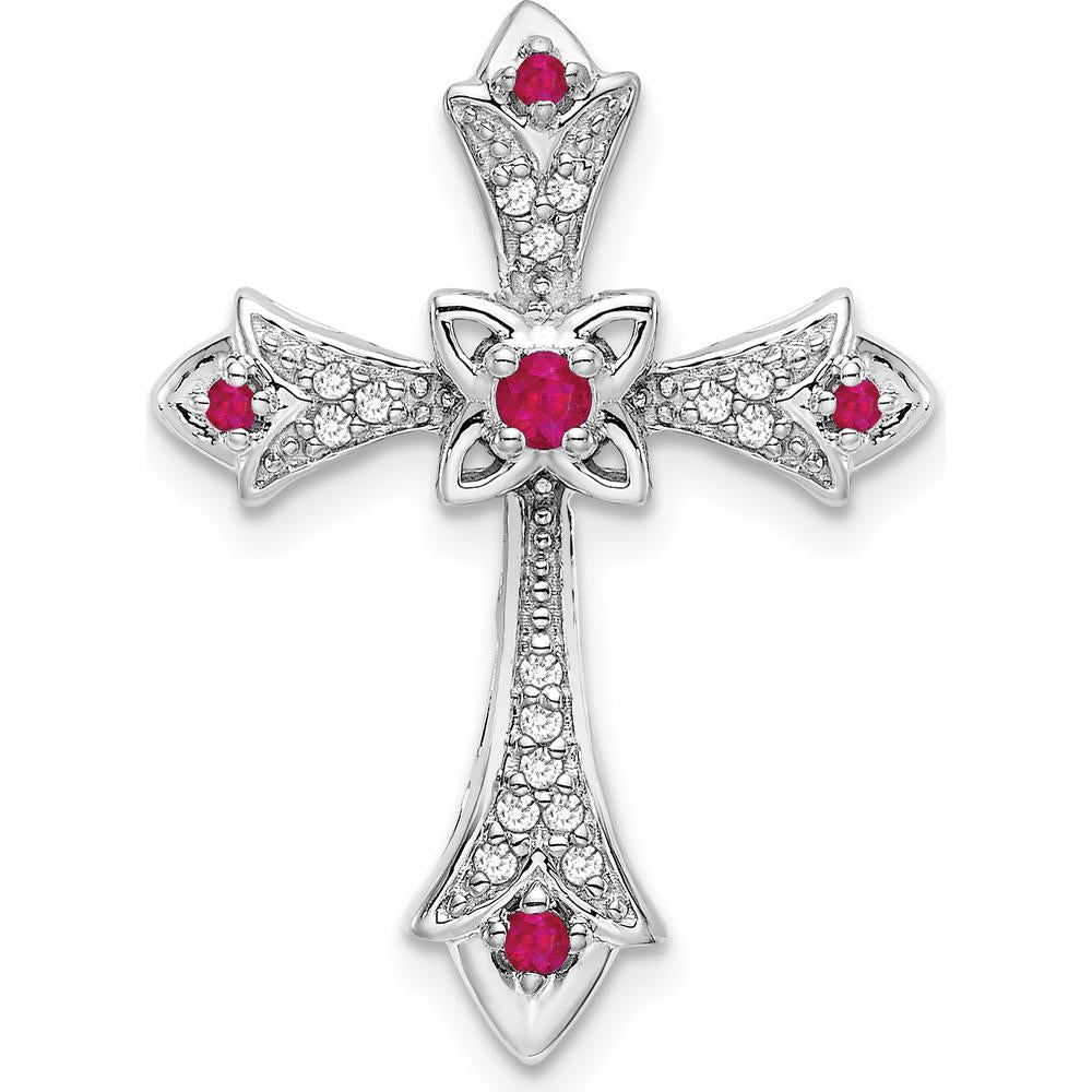 14K White Gold Ruby and Diamond Fleur de Lis Cross Pendant - 0.18 Carat Total Gemstone Weight by Lumare Gioia