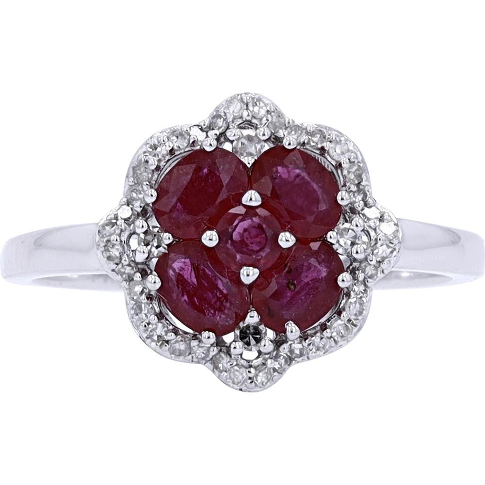 14K White Gold Ruby and Diamond Floral Cluster Ring - 5 Rubies Total with 0.20 Carat Diamonds