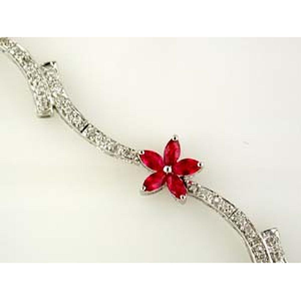 14K White Gold Ruby & Diamond Flower Bracelet - 2.15 Carats Total Ruby Weight, 0.35 Carats Total Diamond Weight