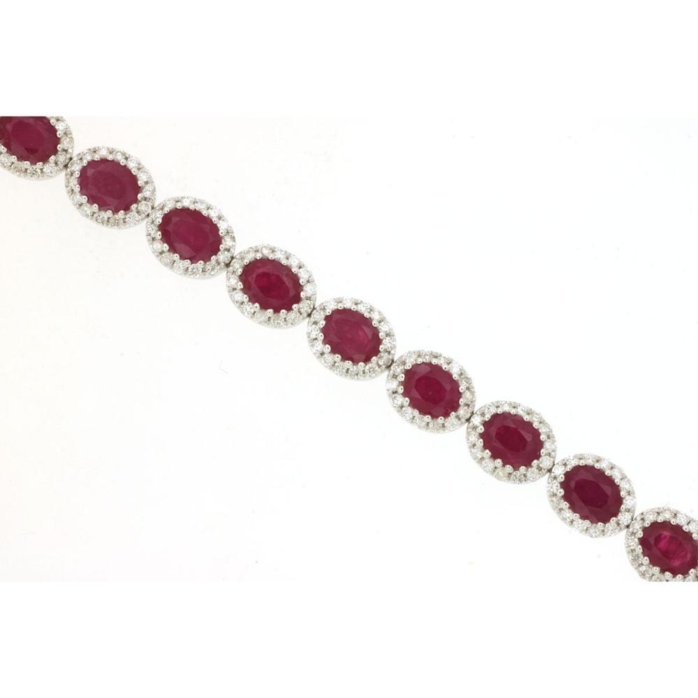 14K White Gold Ruby and Diamond Halo Bracelet with Emerald-Cut Rubies (6.45ct) and Round Diamonds (1.20ct) - Royal Jewelry